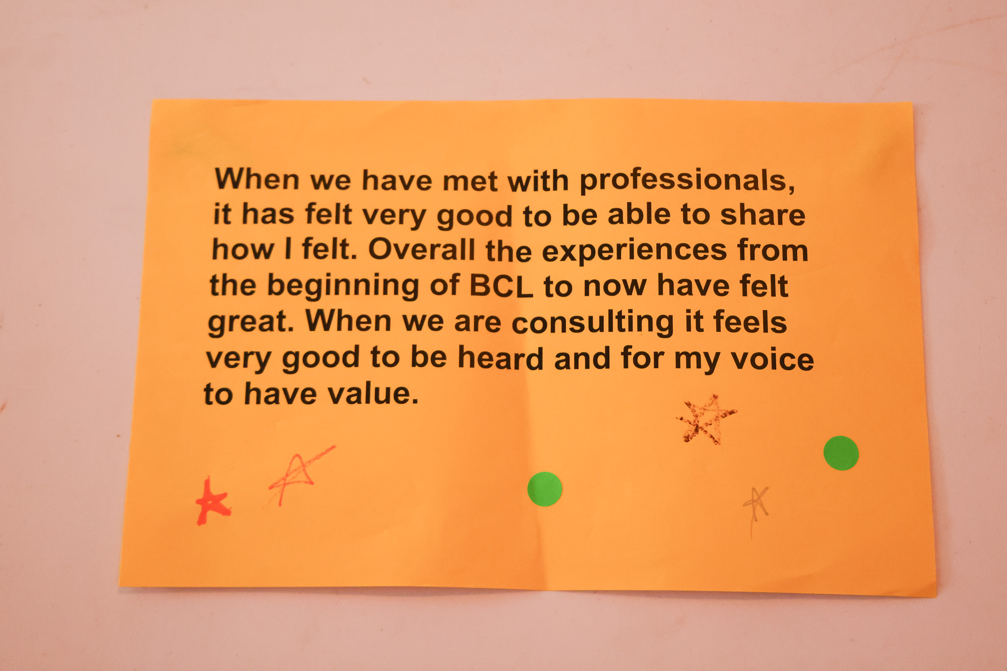 A typed and printed student reflection on consulting. "When we are consulting it feels very good to be heard and for my voice to have value."