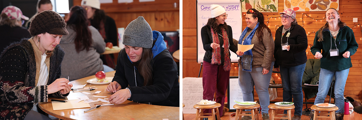 A collage of two images of people writing and performing poetry in a wood paneled room
