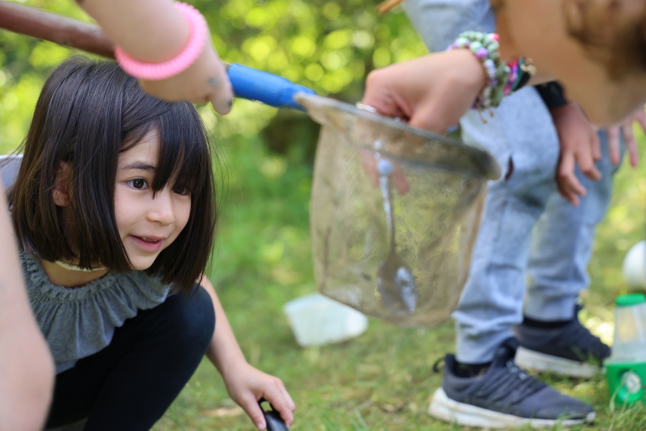 A young child smiles while looking at a mesh strainer holding muck and critters from a nearby pond.