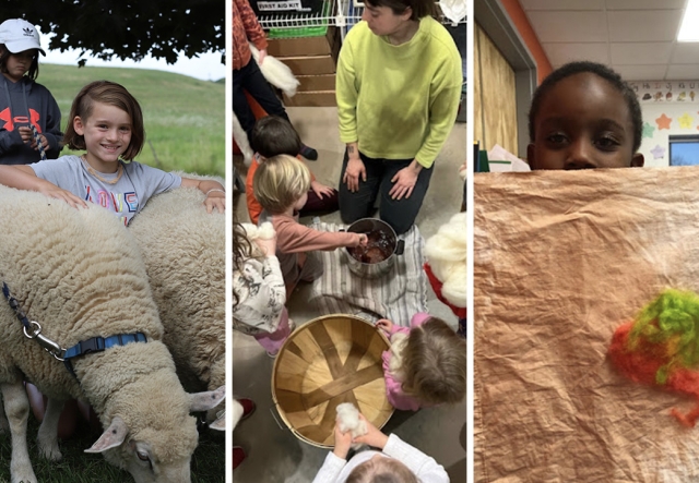 Children pose with sheep and dyed fabric